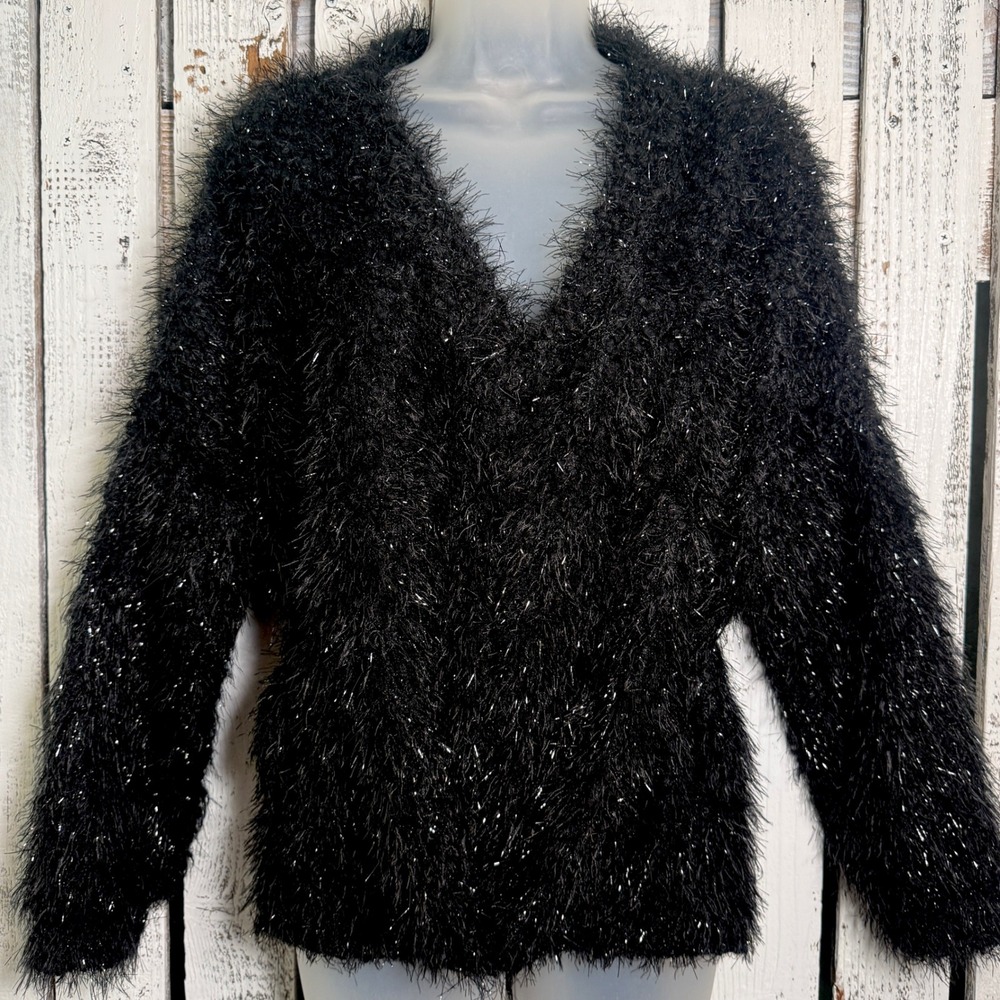 ACOA Black Sparkle Shaggy VNeck Sweater Women Medium Festive Goth Glam Romantic